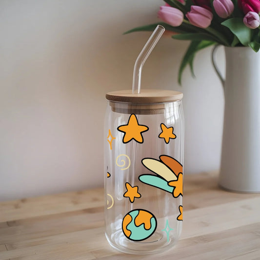 Planet Earth Kawaii 16 oz Glass Tumbler with bamboo lid and glass straw.