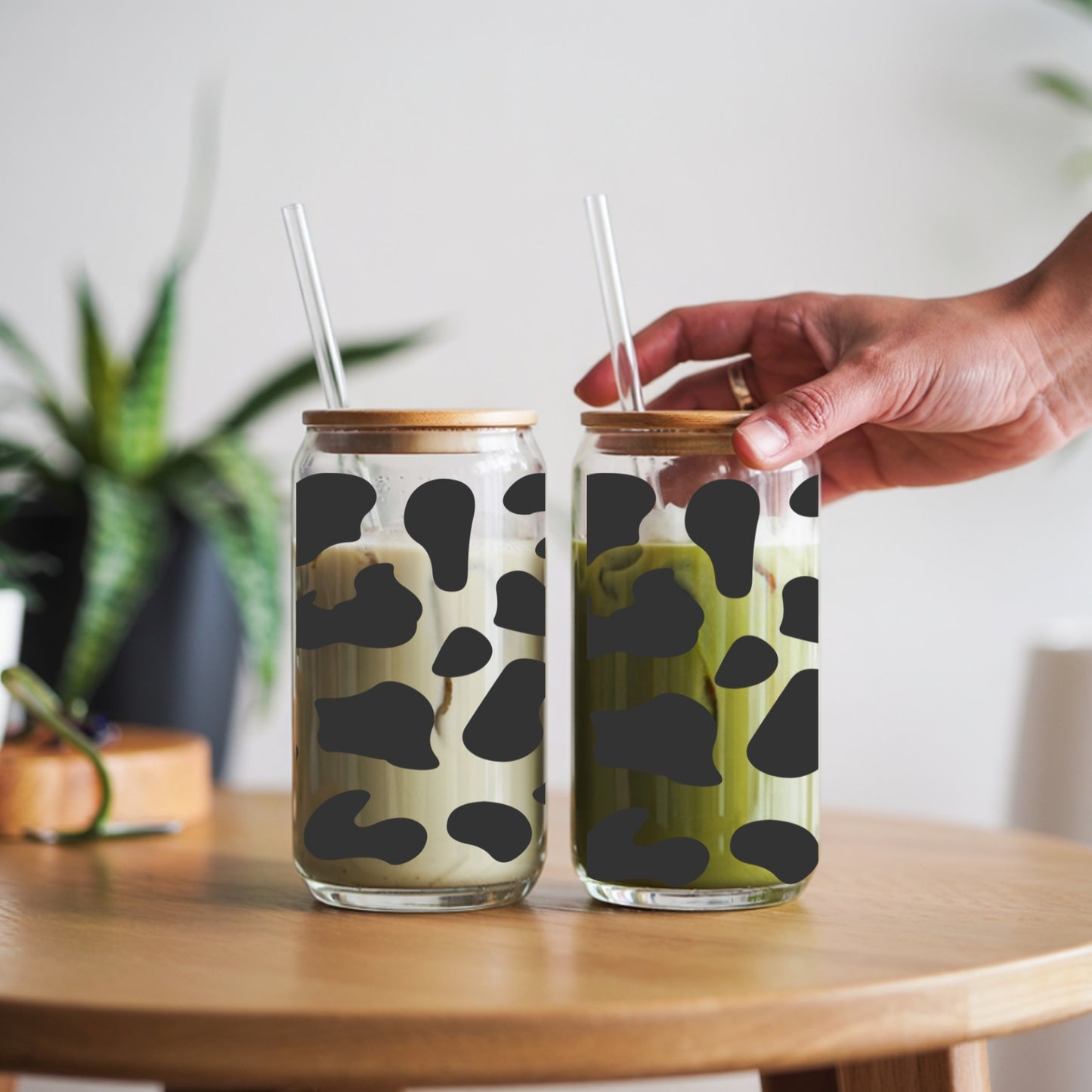 Cow Pattern 16 oz Glass Tumbler with bamboo lid and glass straw