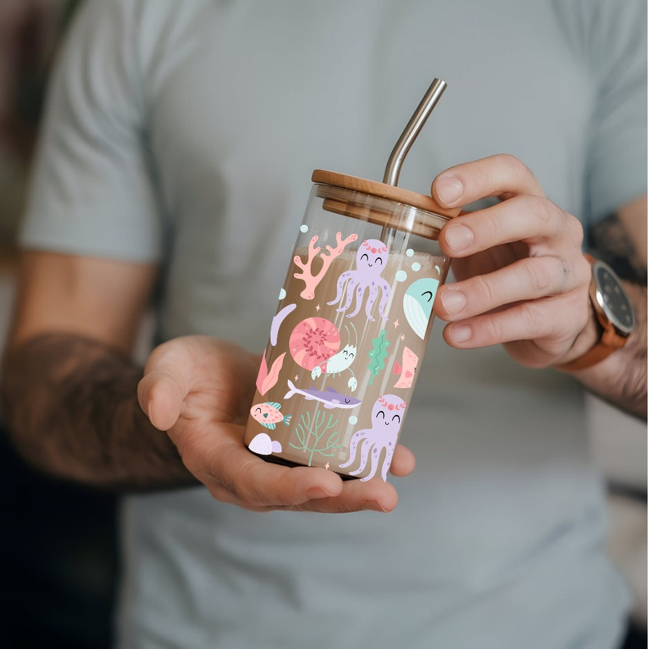 Sea/Ocean Animals 16 oz Glass Tumbler with bamboo lid and glass straw.