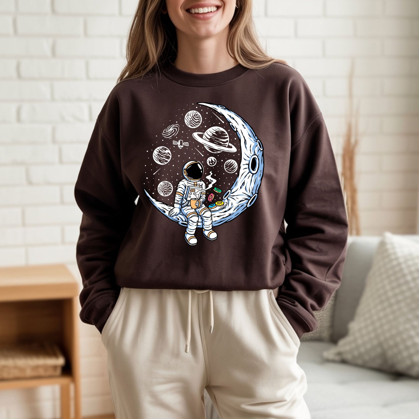 Astronaut with cup of Tea/Coffee with Doughnuts Unisex Sweatshirt.