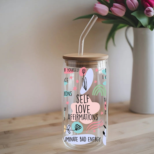 Self Love Affirmations 16 oz Glass Tumbler with bamboo lid and glass straw.