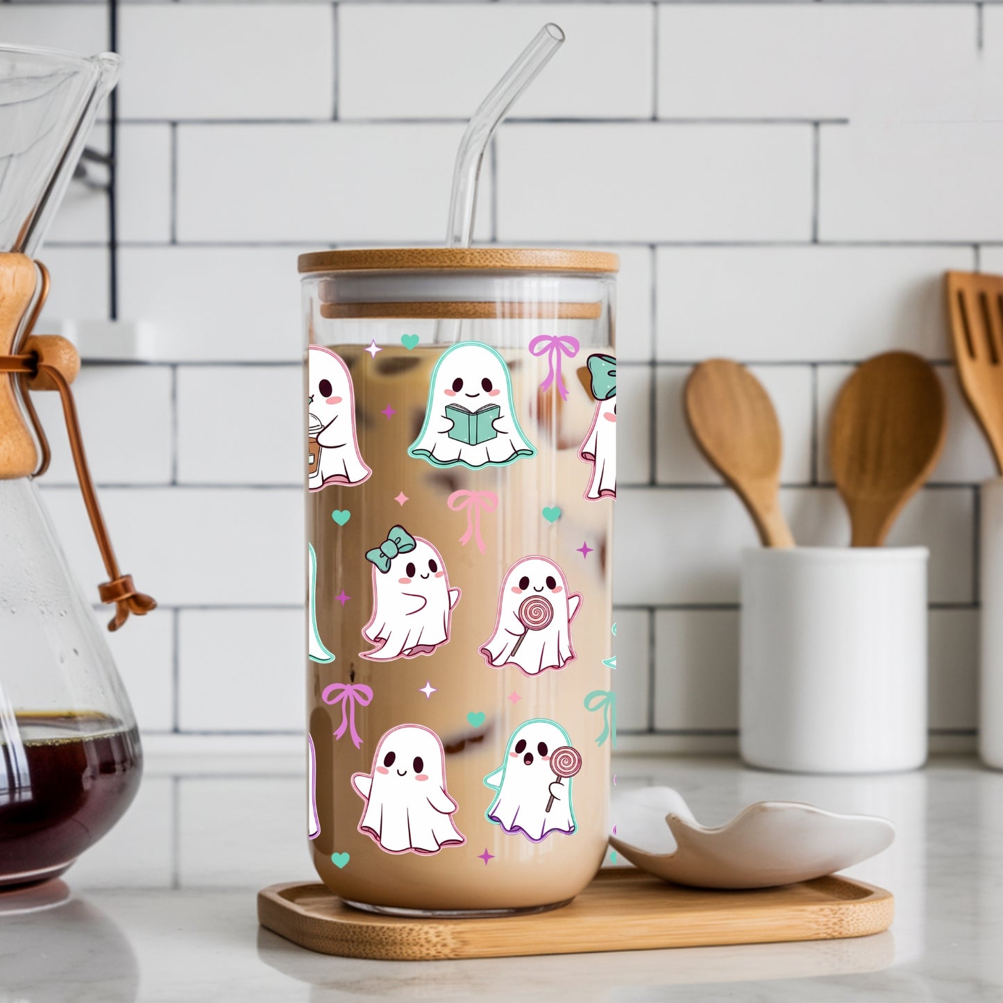 Cute Ghosts With Bows 16 oz Glass Tumbler with bamboo lid and glass straw.