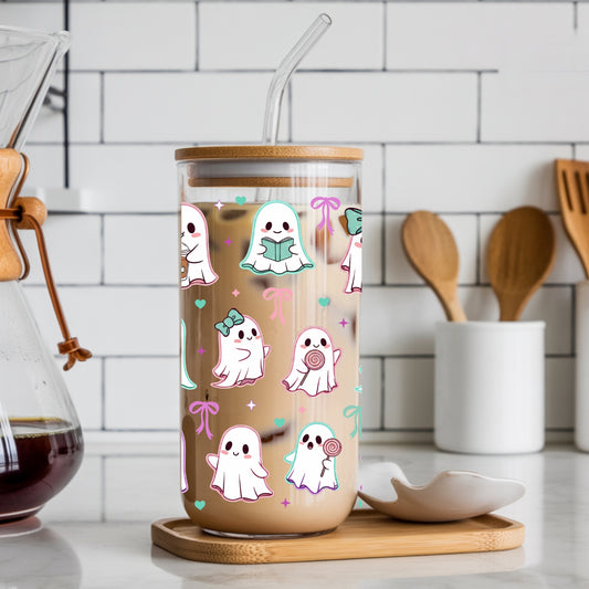 Cute Ghosts With Bows 16 oz Glass Tumbler with bamboo lid and glass straw.