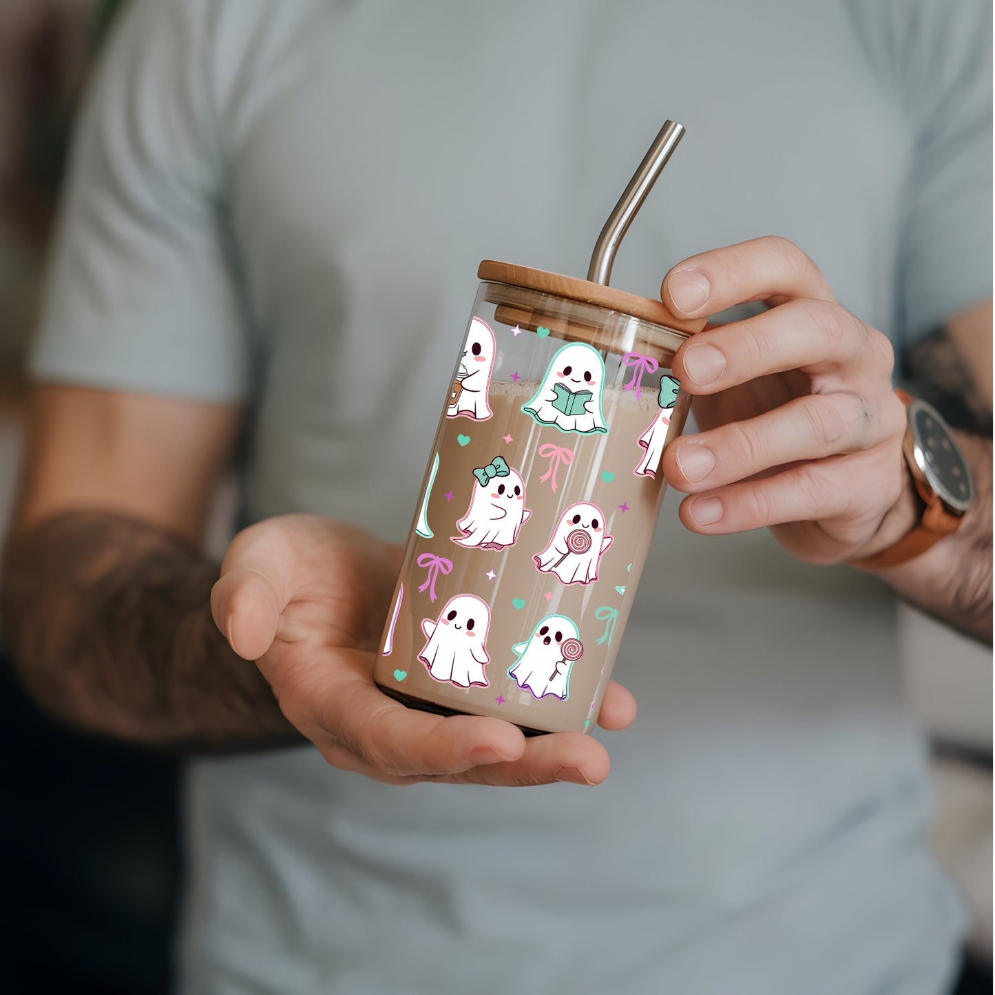 Cute Ghosts With Bows 16 oz Glass Tumbler with bamboo lid and glass straw.