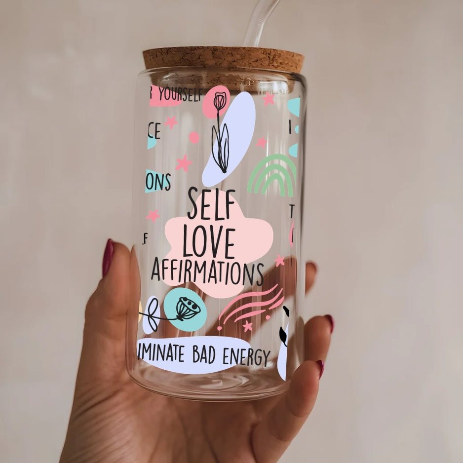 Self Love Affirmations 16 oz Glass Tumbler with bamboo lid and glass straw.