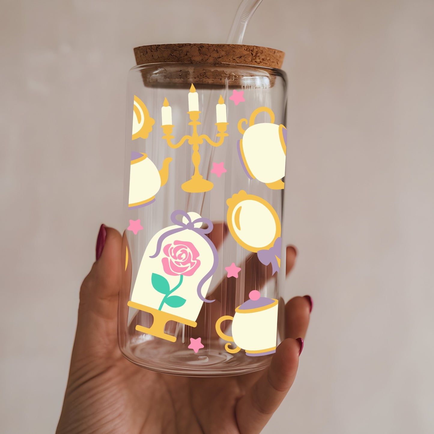 Princess 16 oz Glass Tumbler with bamboo lid and glass straw.