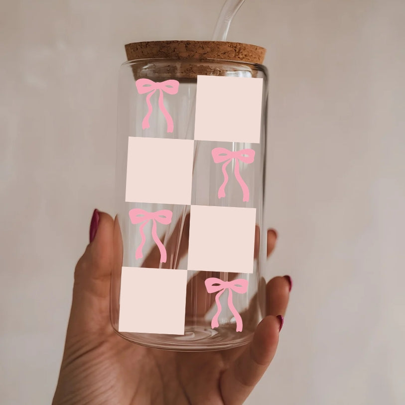 Chequered Coquette Bows 16 oz Glass Tumbler with bamboo lid and glass straw.