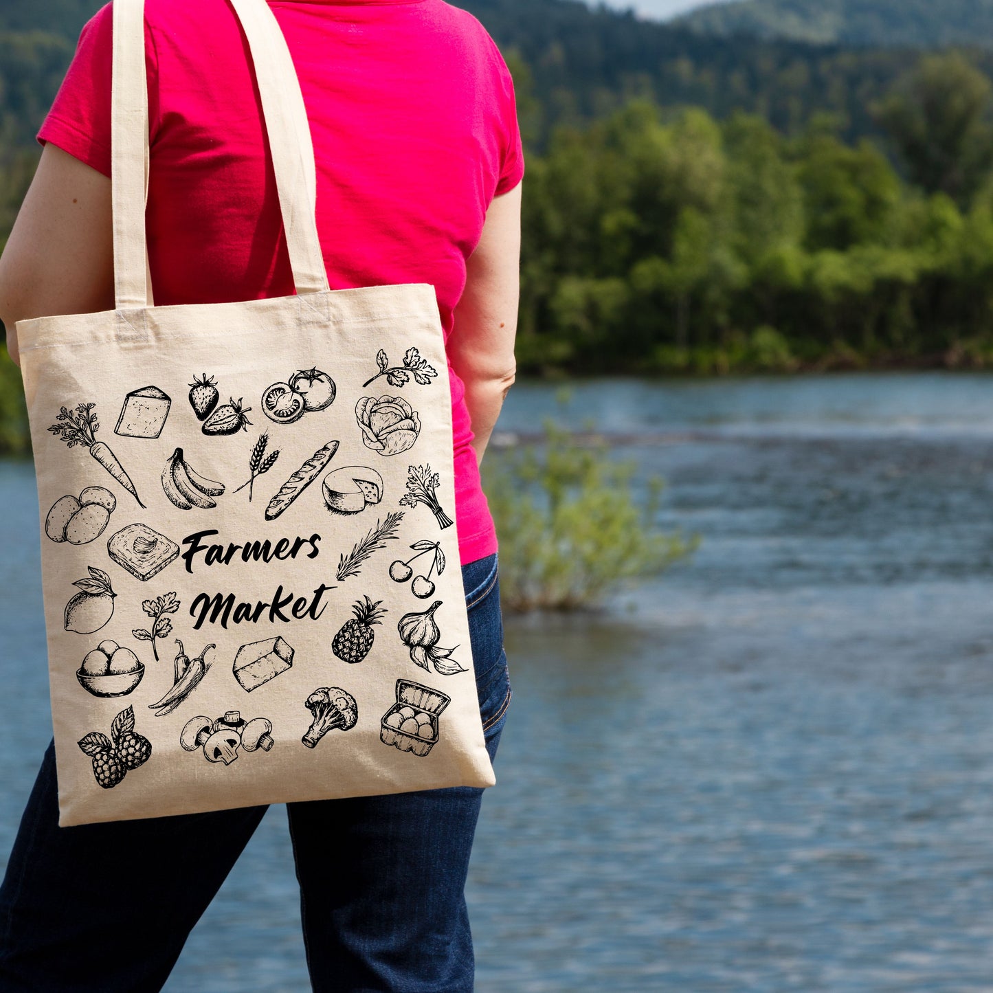 Farmers Market Hand Drawn Vintage Style Cotton Tote Bag.