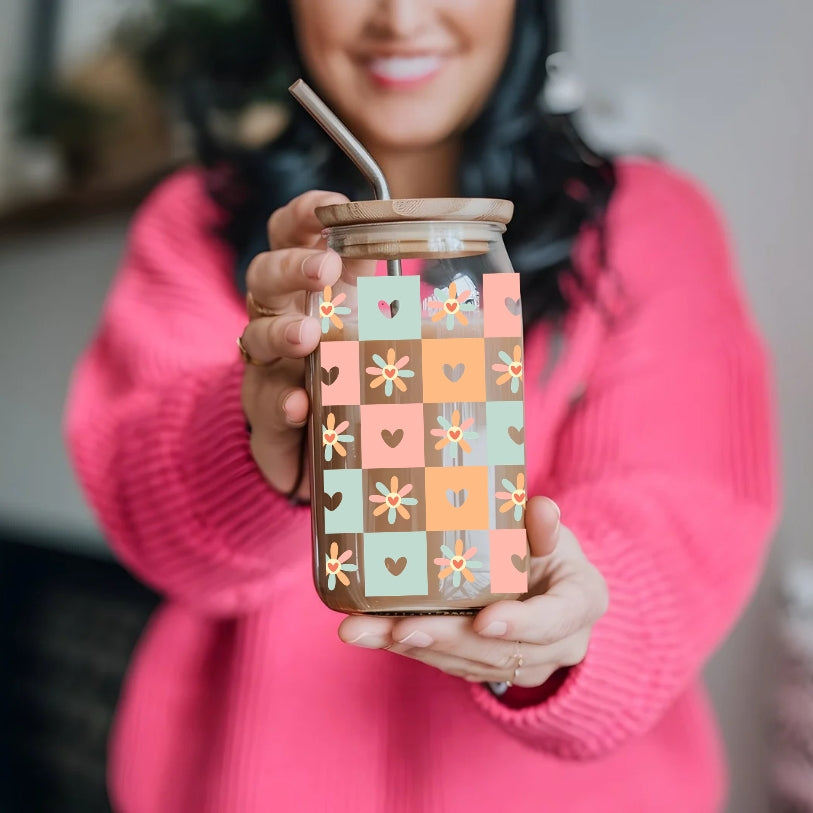 Chequered Hearts And Flowers 16 oz Glass Tumbler with bamboo lid and glass straw.