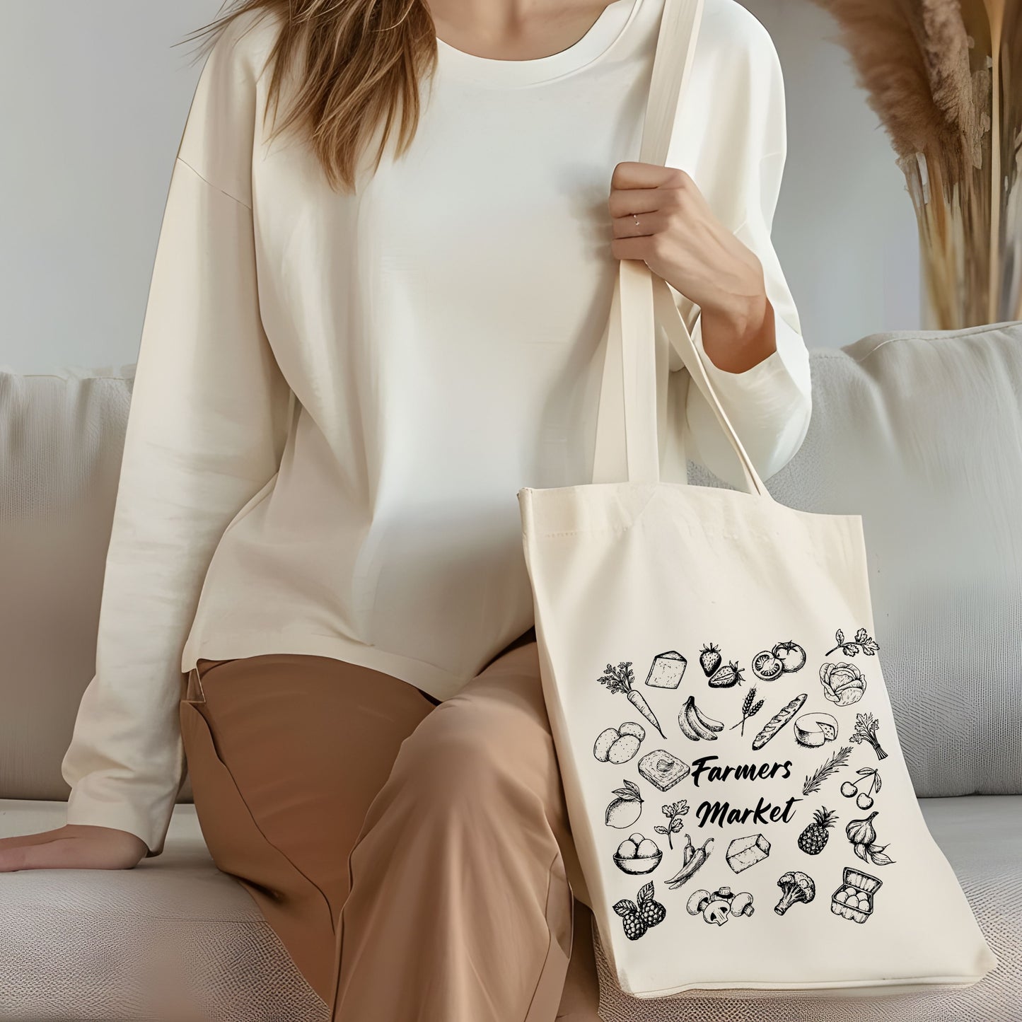 Farmers Market Hand Drawn Vintage Style Cotton Tote Bag.