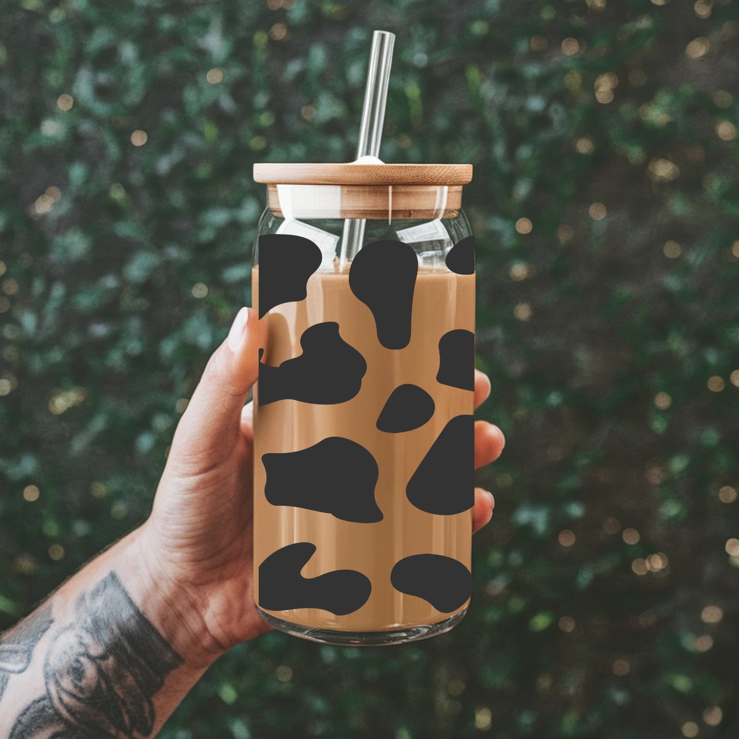 Cow Pattern 16 oz Glass Tumbler with bamboo lid and glass straw