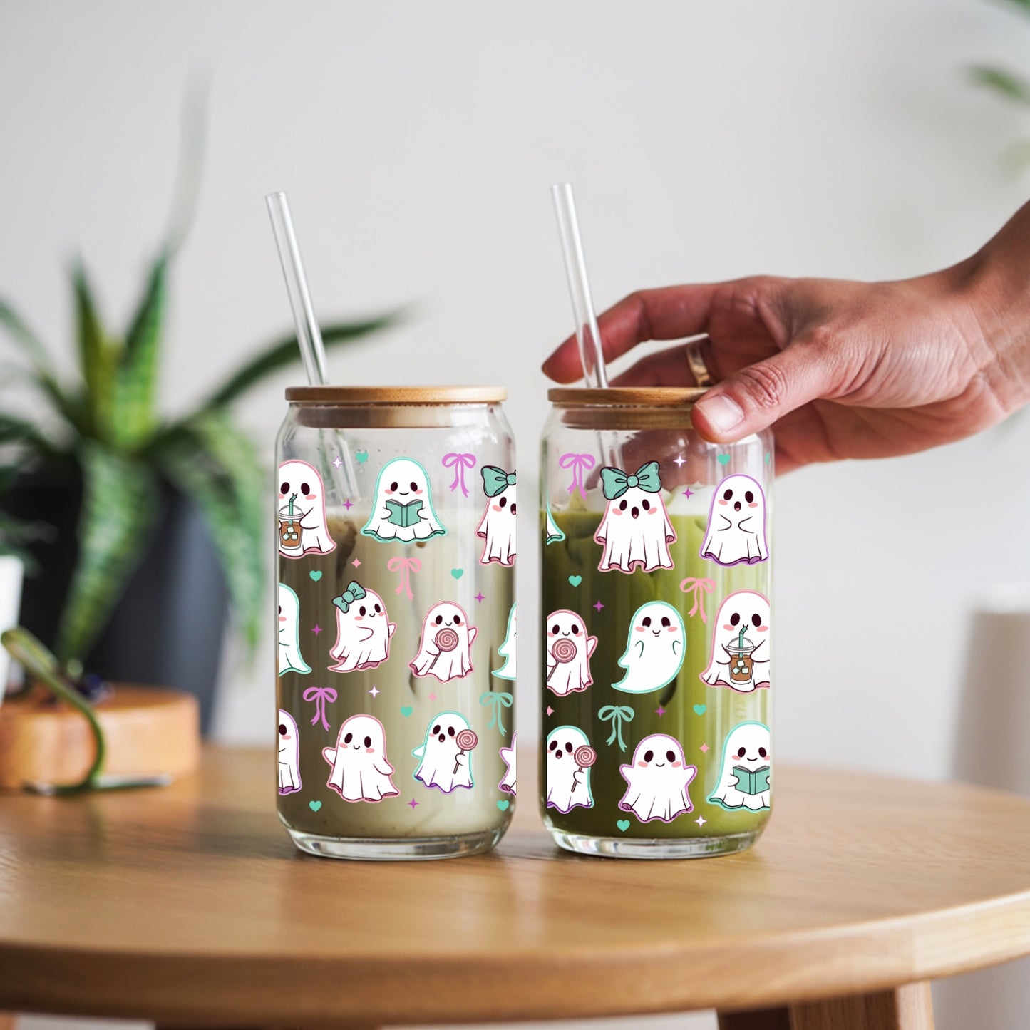 Cute Ghosts With Bows 16 oz Glass Tumbler with bamboo lid and glass straw.
