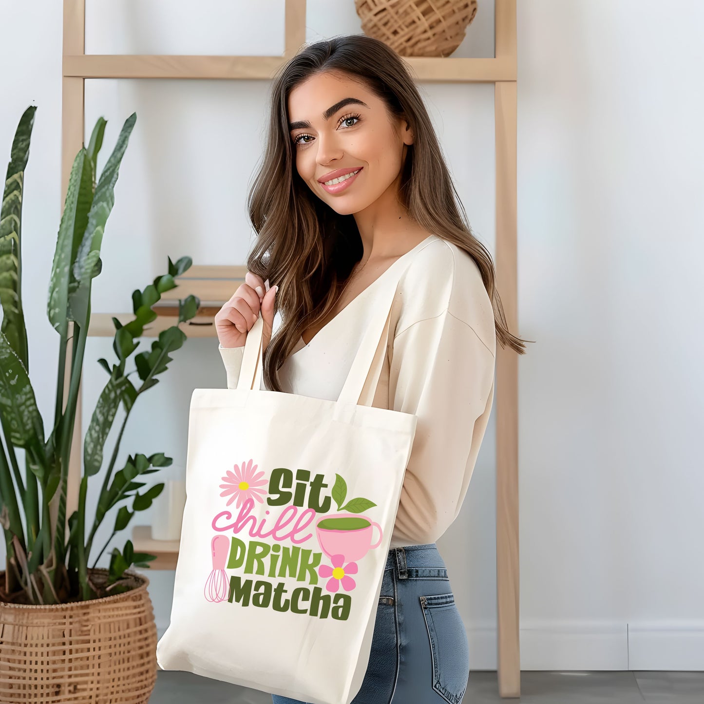 Sit, Chill, Drink, Matcha Cotton Tote Bag.