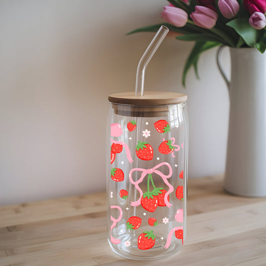 Strawberries and Coquette Bows 16 oz Glass Tumbler with bamboo lid and glass straw