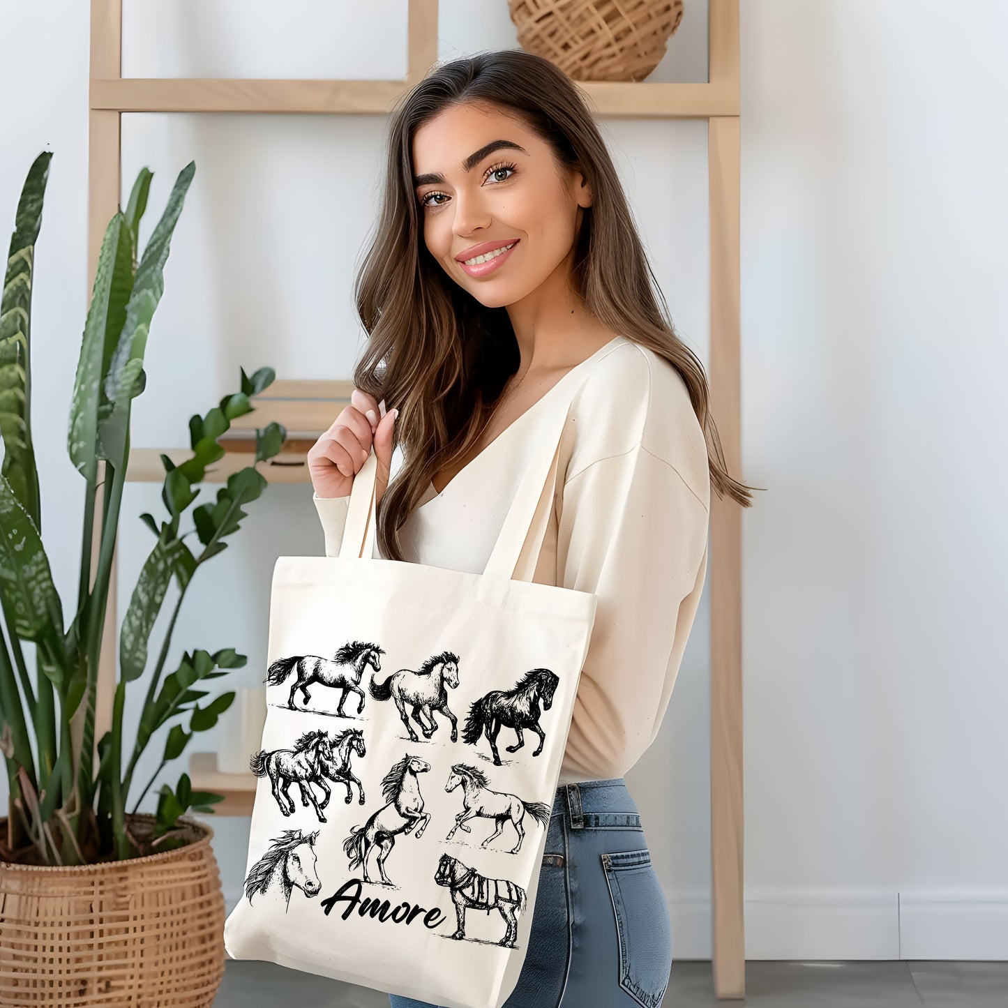 Horses Amore Hand Drawn Vintage Style Cotton Tote Bag.
