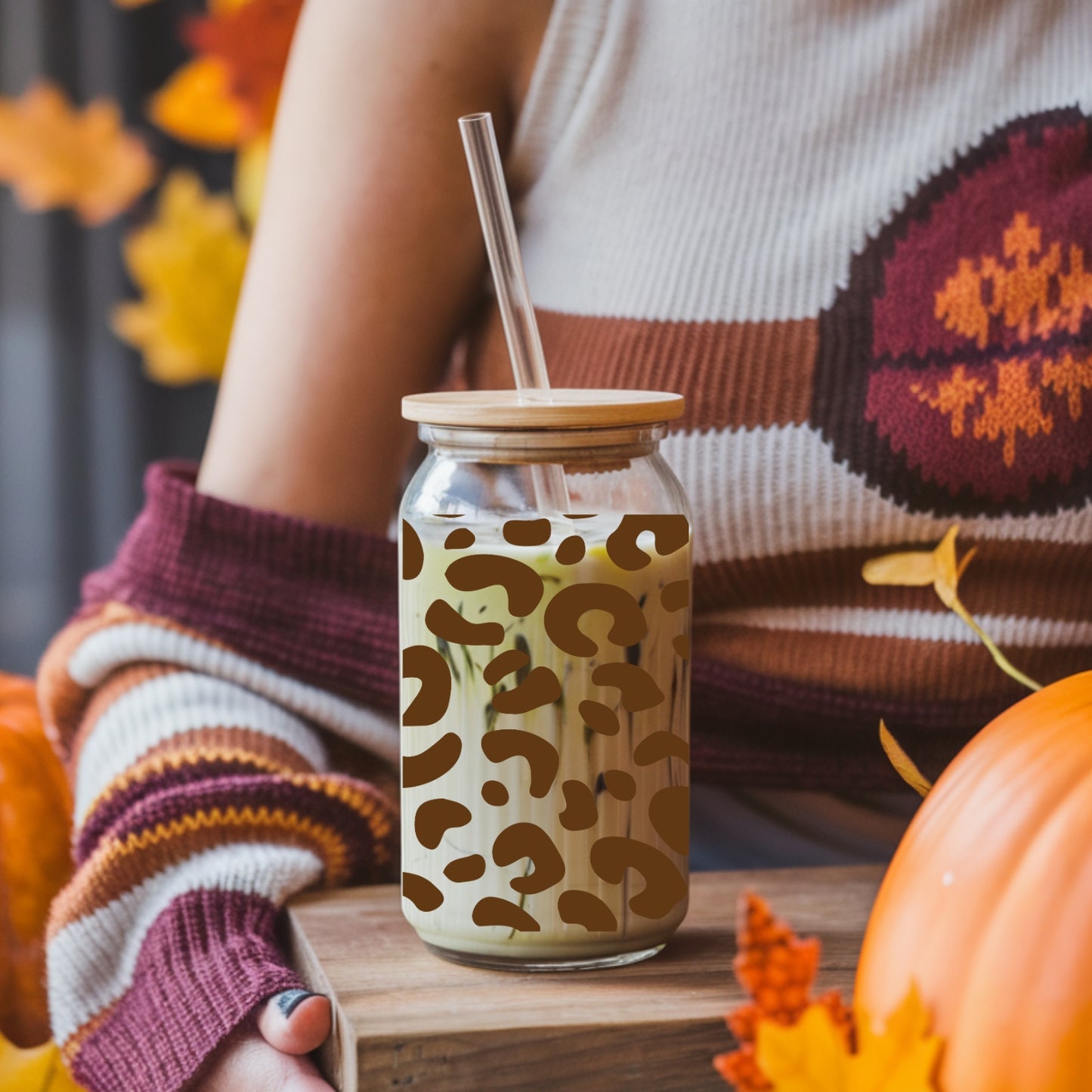 Leopard Pattern 16 oz Glass Tumbler with bamboo lid and glass straw