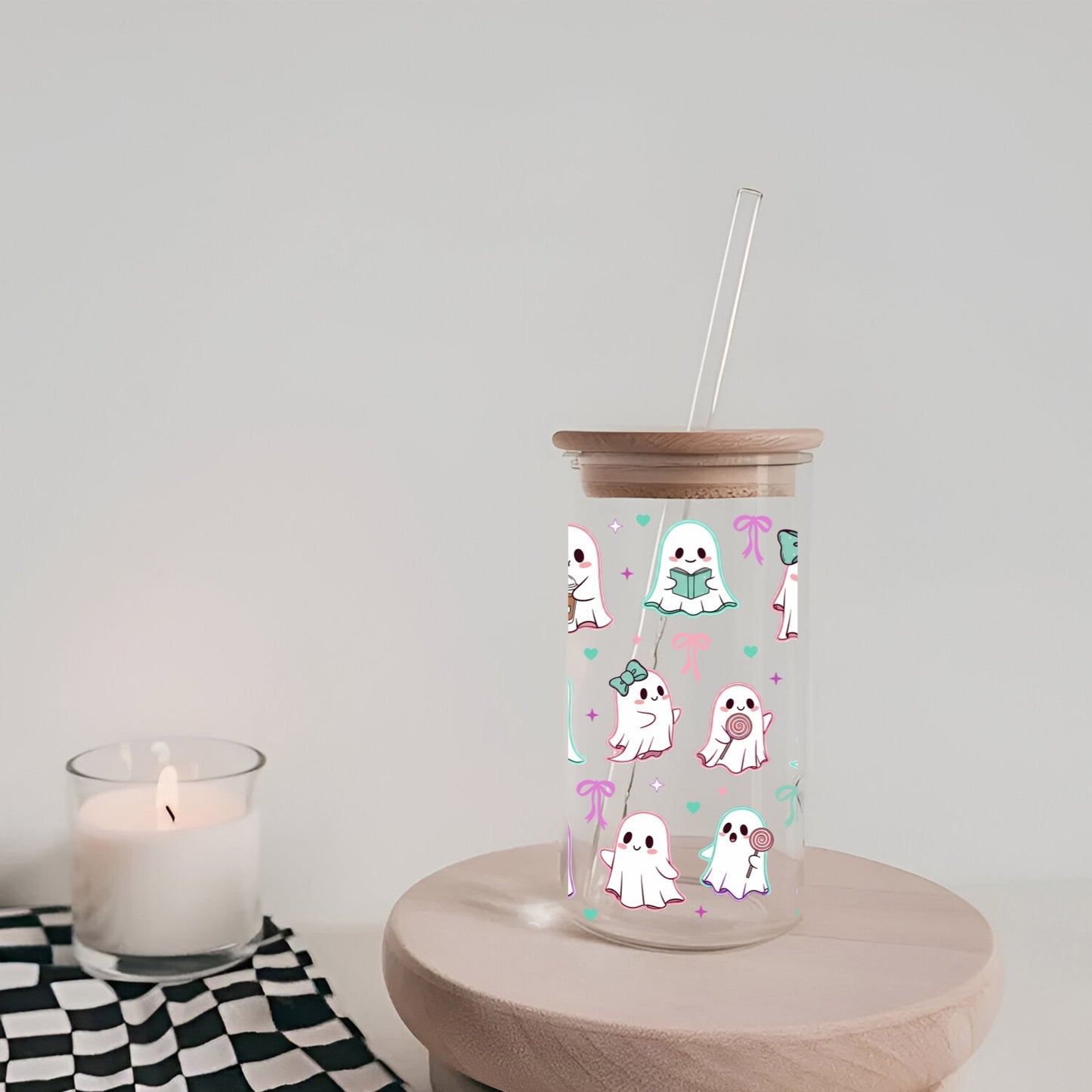 Cute Ghosts With Bows 16 oz Glass Tumbler with bamboo lid and glass straw.
