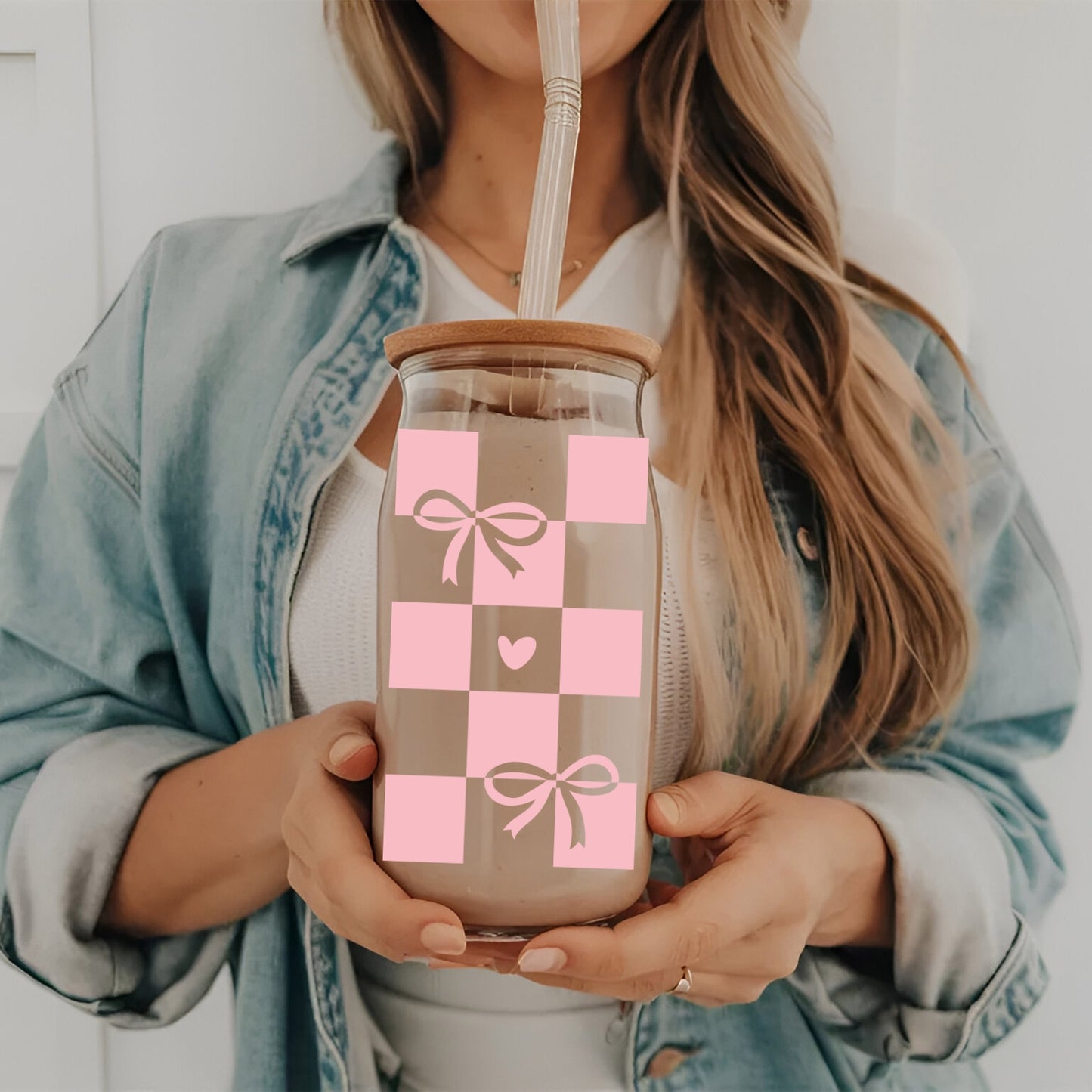 Chequered Coquette Bows And Hearts 16 oz Glass Tumbler with bamboo lid and glass straw.