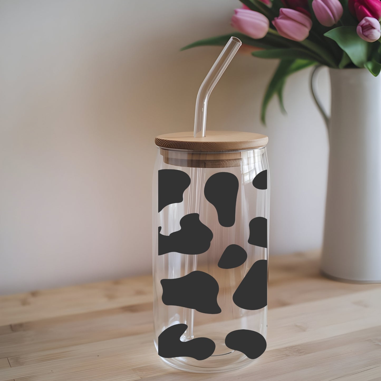 Cow Pattern 16 oz Glass Tumbler with bamboo lid and glass straw