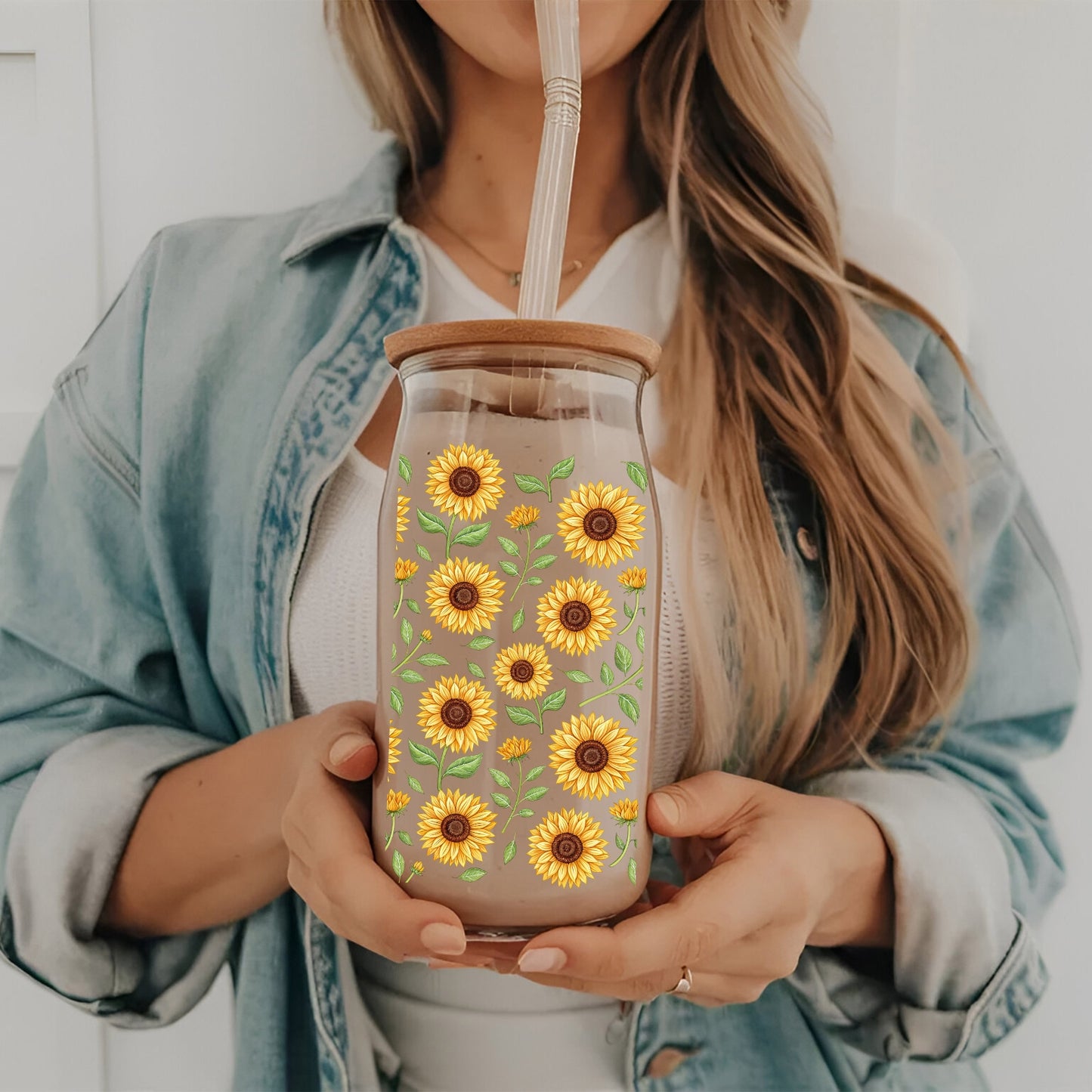 Sunflower Vines oz Glass Tumbler with bamboo lid and glass straw.