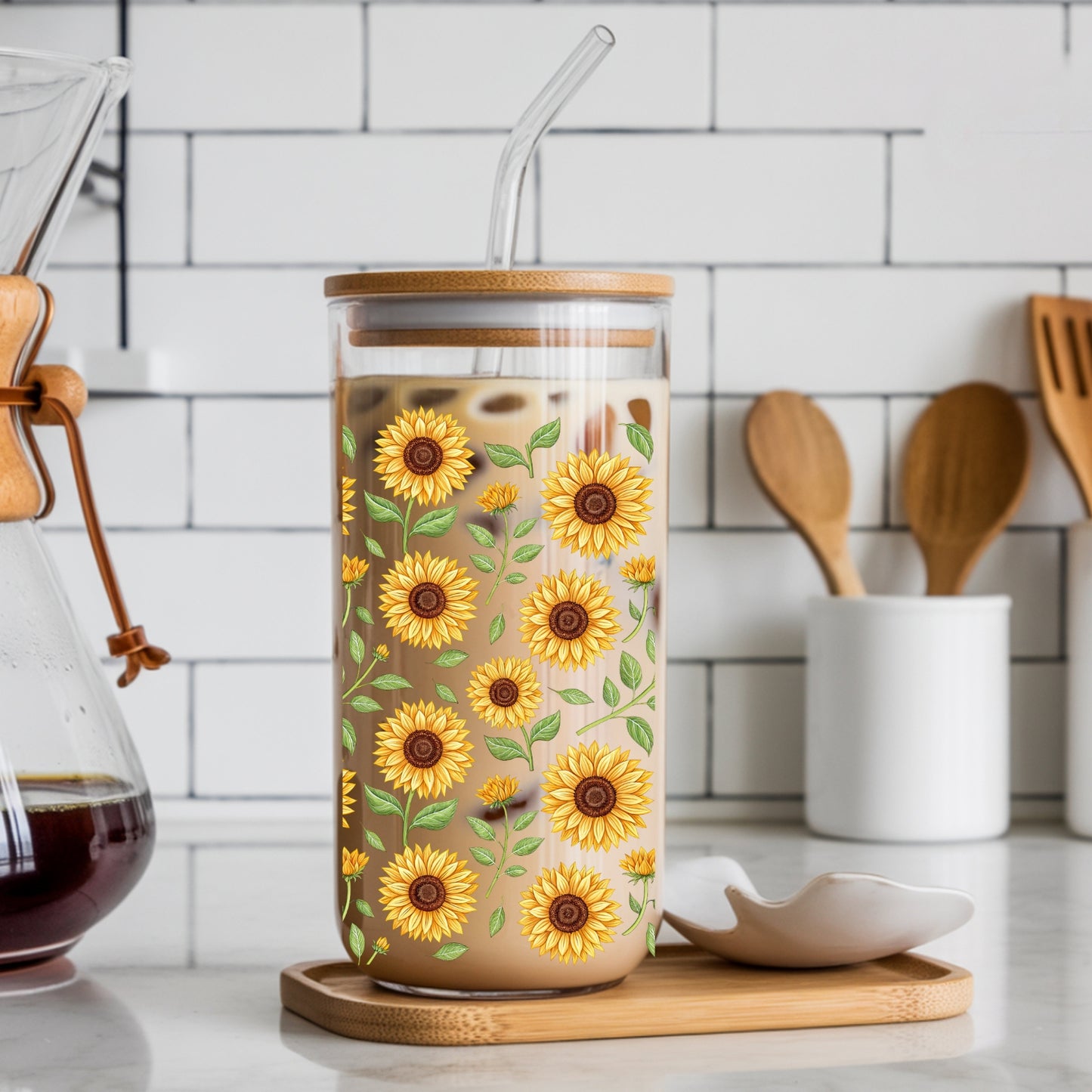 Sunflower Vines oz Glass Tumbler with bamboo lid and glass straw.