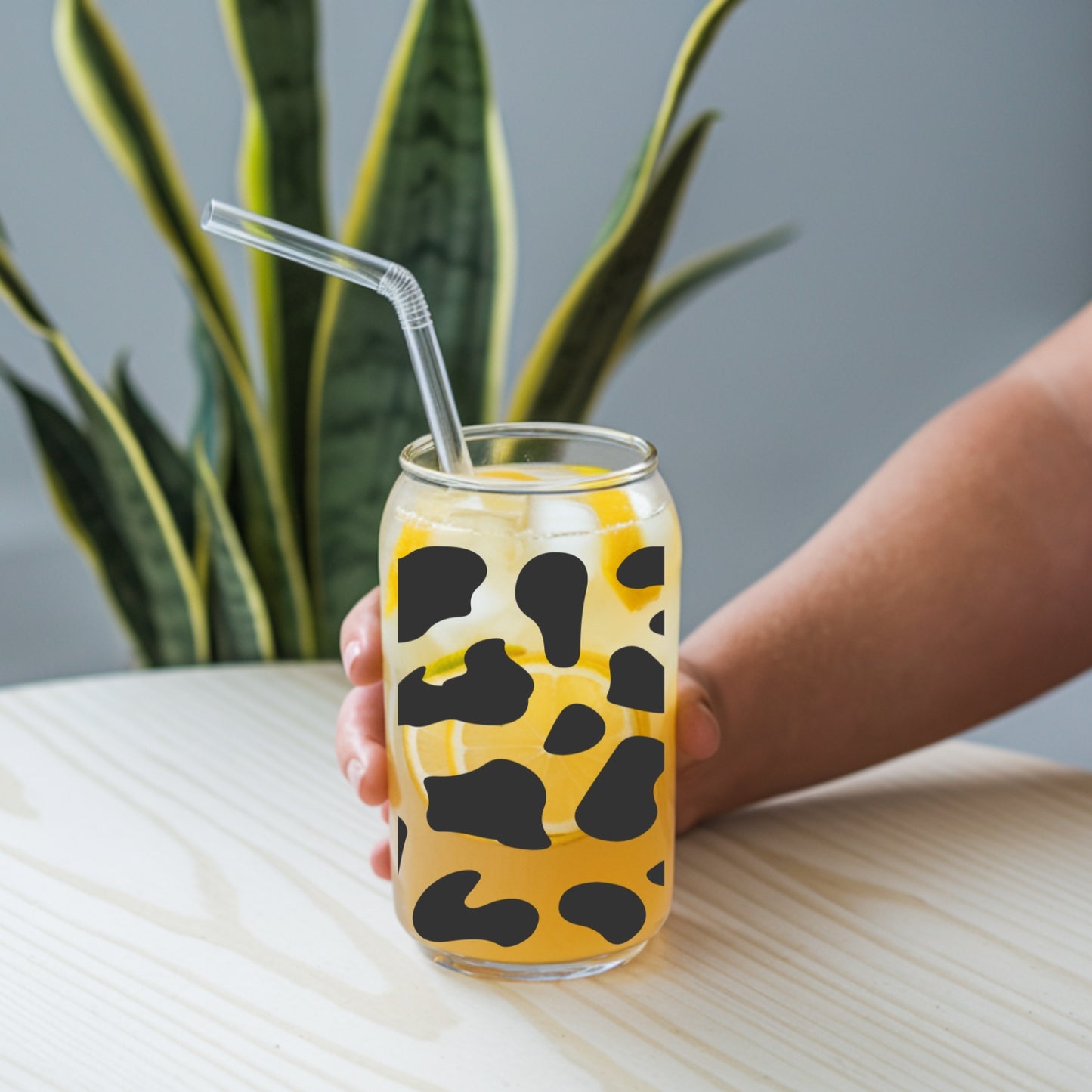 Cow Pattern 16 oz Glass Tumbler with bamboo lid and glass straw