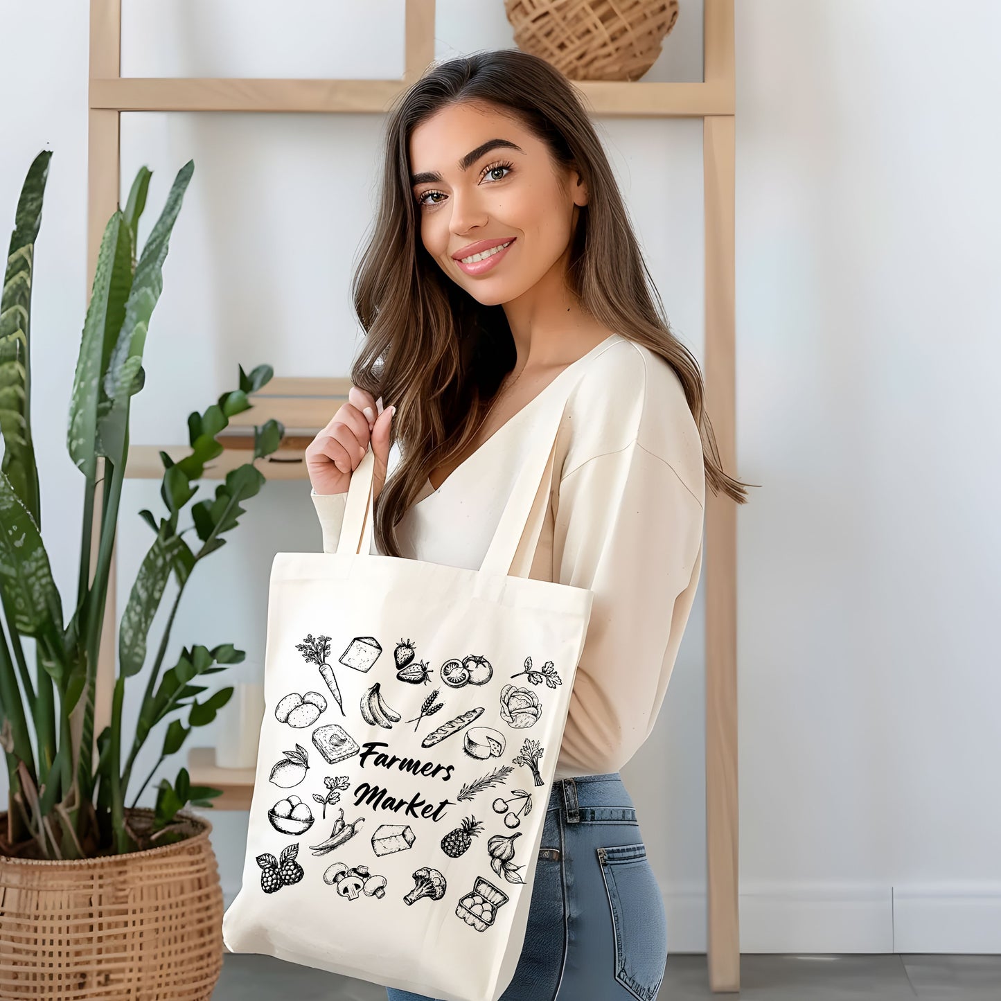 Farmers Market Hand Drawn Vintage Style Cotton Tote Bag.