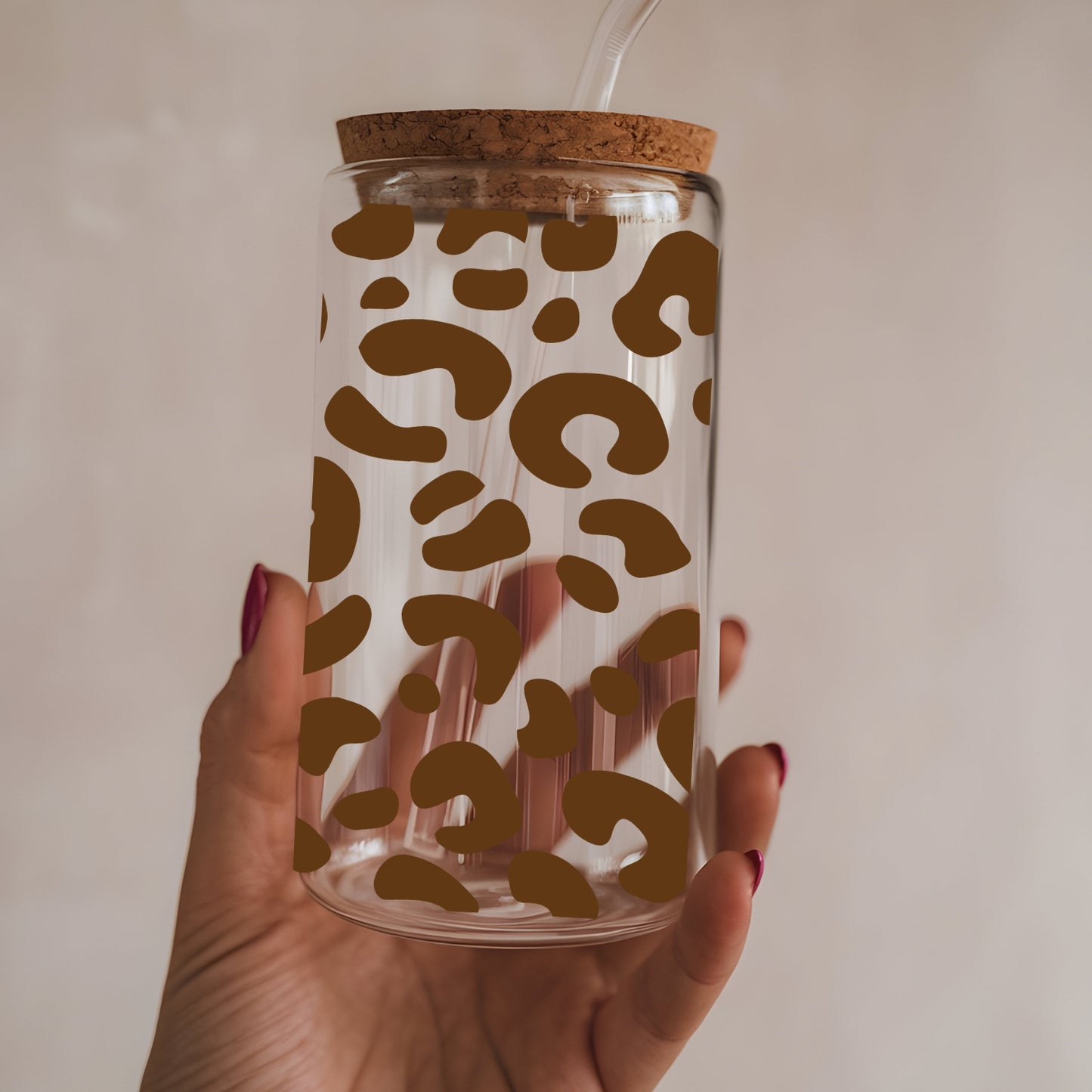 Leopard Pattern 16 oz Glass Tumbler with bamboo lid and glass straw