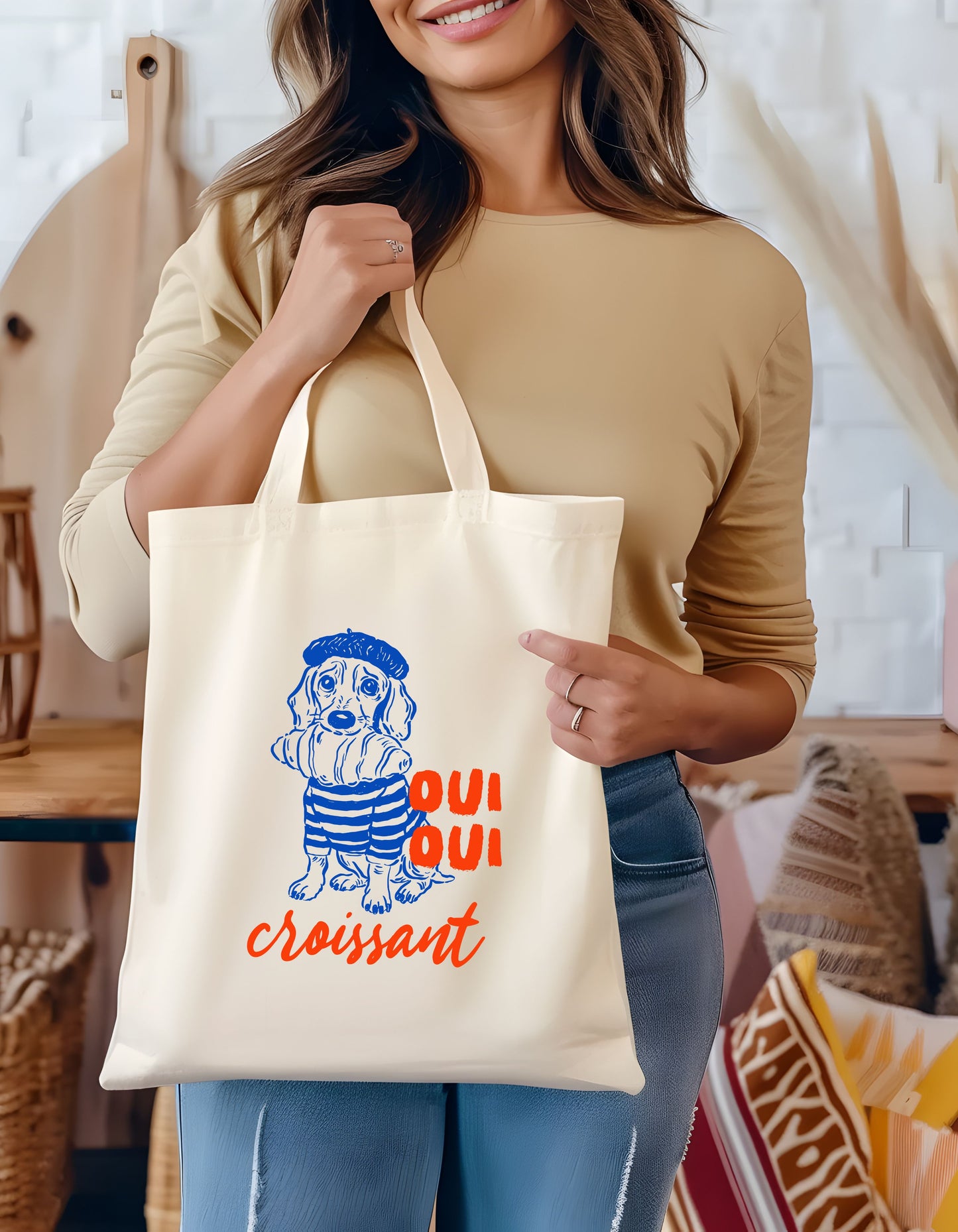 French Dog With Croissant Tote Bag