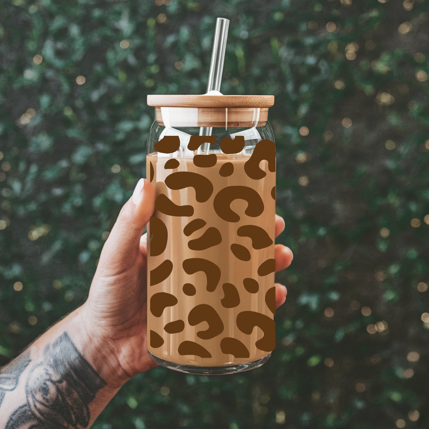Leopard Pattern 16 oz Glass Tumbler with bamboo lid and glass straw