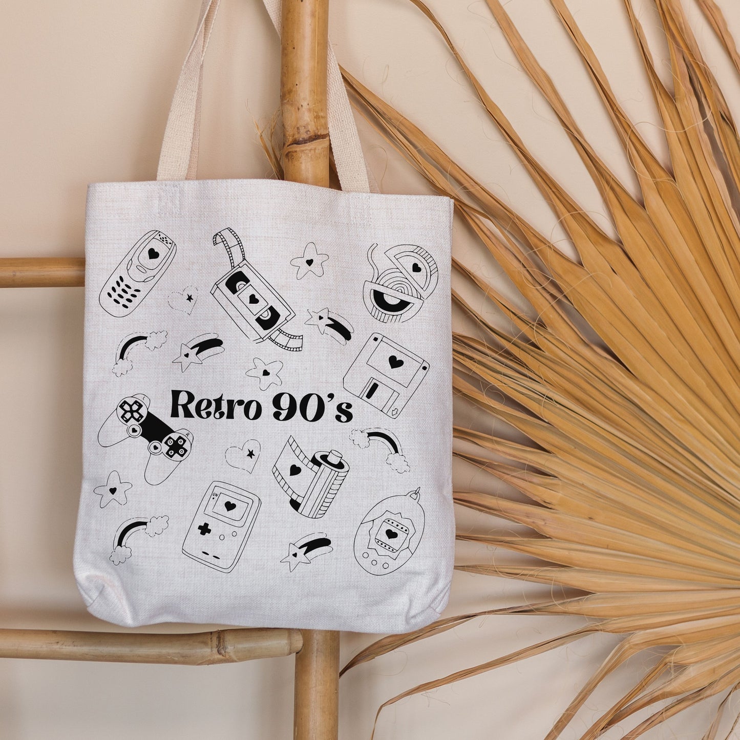 Retro 90's Hand Drawn Vintage Style Cotton Tote Bag.