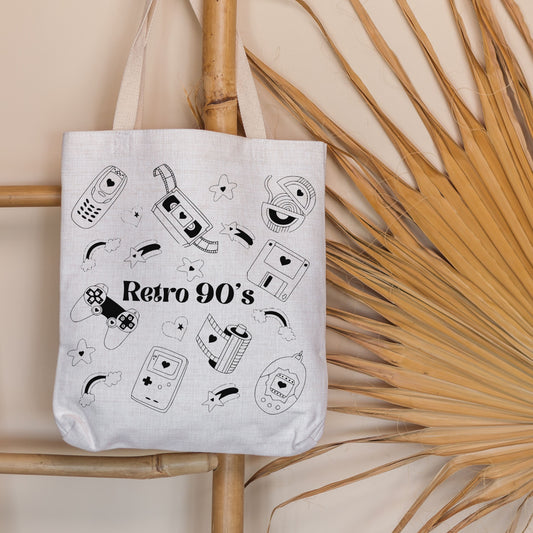 Retro 90's Hand Drawn Vintage Style Cotton Tote Bag.