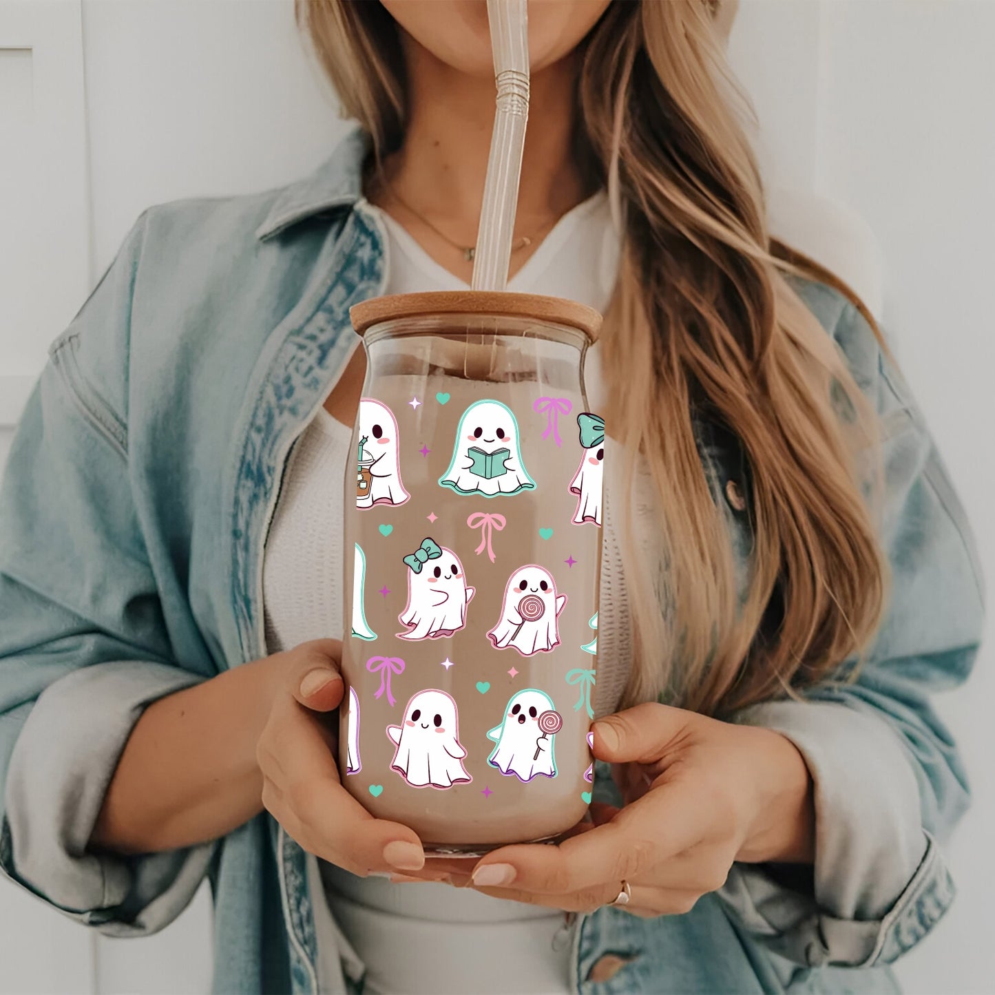 Cute Ghosts With Bows 16 oz Glass Tumbler with bamboo lid and glass straw.