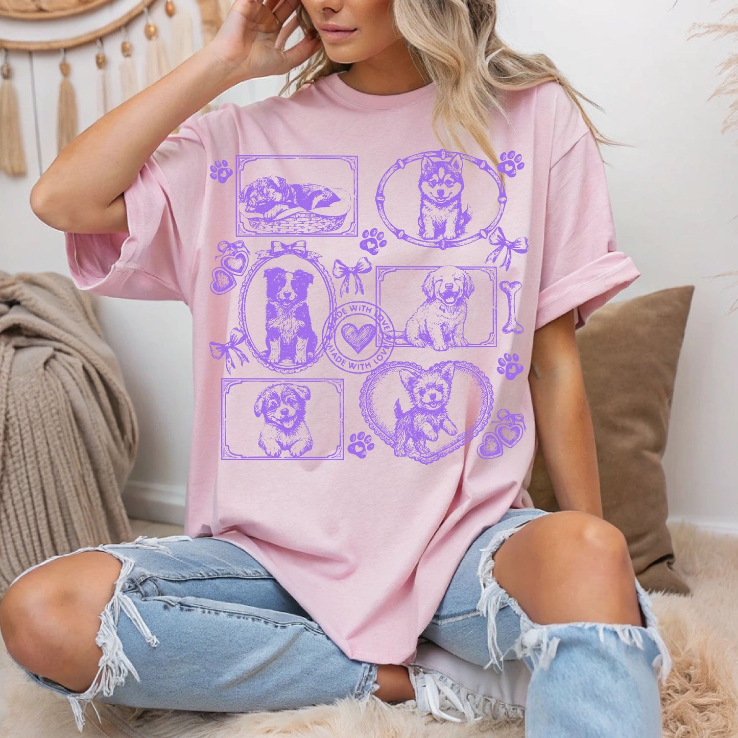 Dogs Vintage Style Gallery Pink Unisex T-Shirt-Set 1.