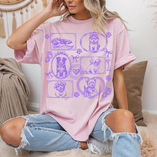 Dogs Vintage Style Gallery Pink Unisex T-Shirt-Set 1.