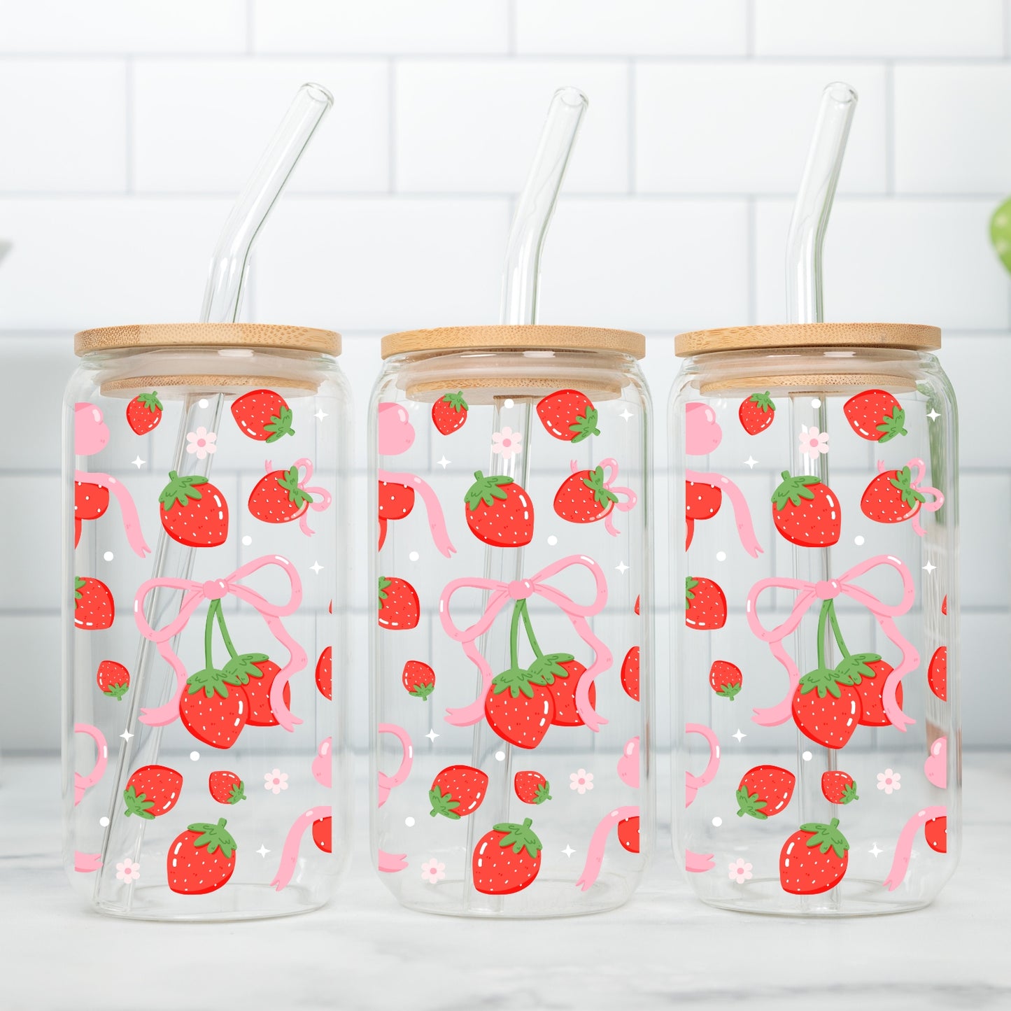 Strawberries and Coquette Bows 16 oz Glass Tumbler with bamboo lid and glass straw